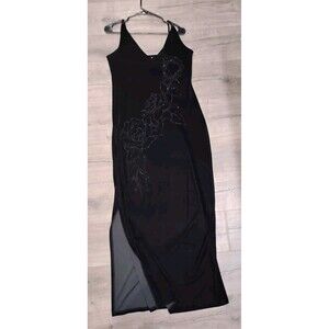 Vtg 90s Y2k Velvet Long Dress Black Rhinestone Embellish Spaghetti Strap Goth L